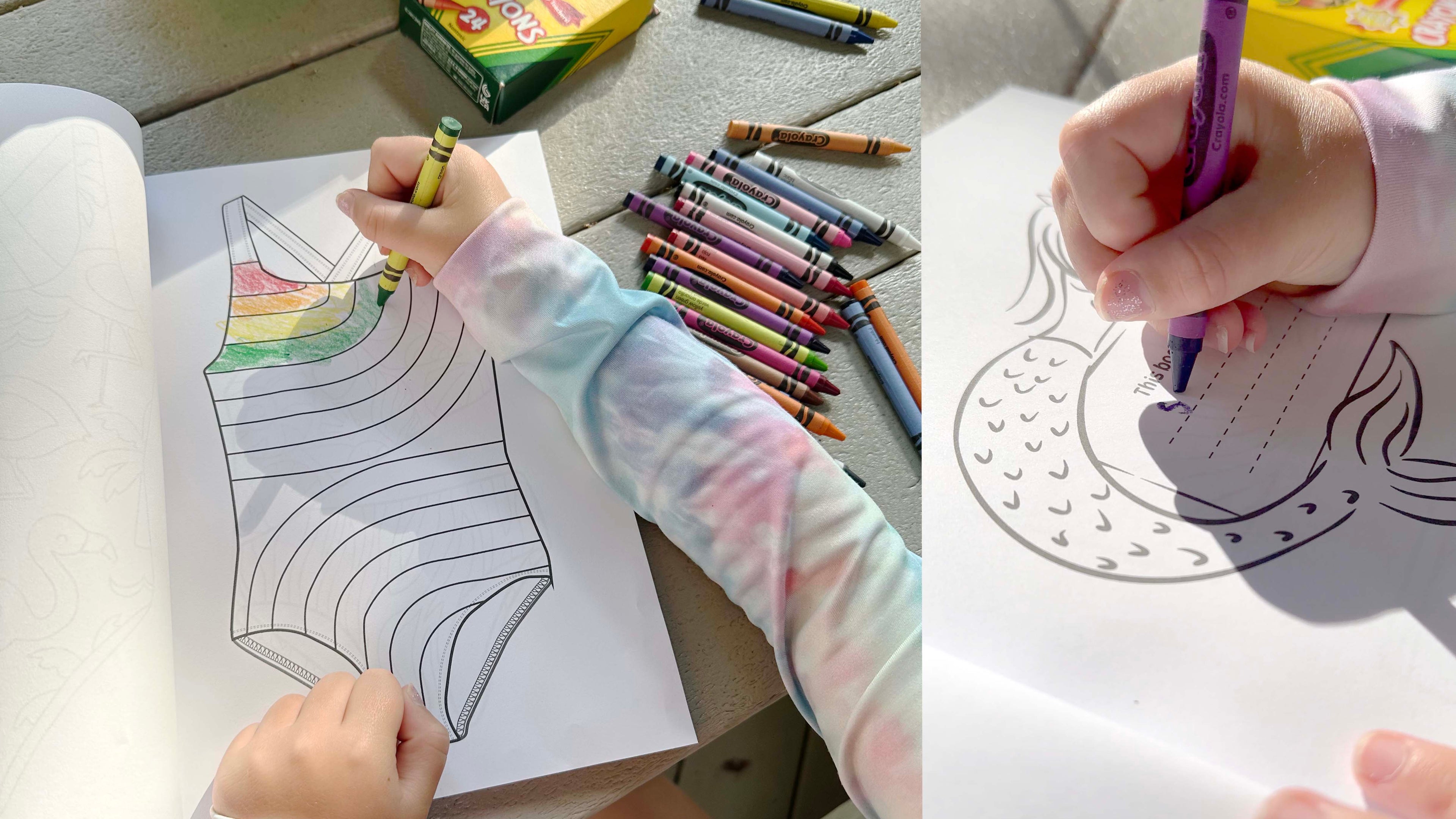 Children coloring with crayons on paper, surrounded by crayons on a wooden surface.